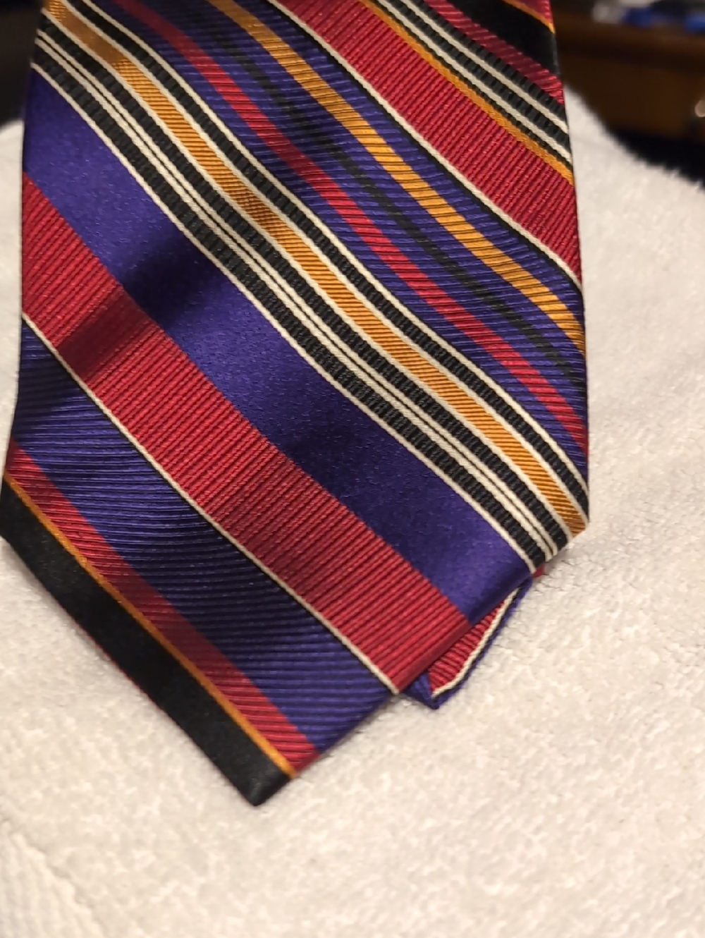 Men's Striped Tie in Purple, Red and Gold Accents